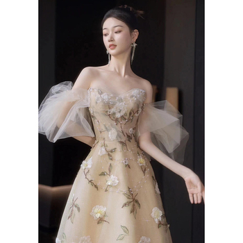 Večernja haljina bez ramena s cvjetnim uzorkom, A-linija, duga suknja, poliester, proljeće 2025