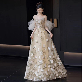 Večernja haljina bez ramena s cvjetnim uzorkom, A-linija, duga suknja, poliester, proljeće 2025