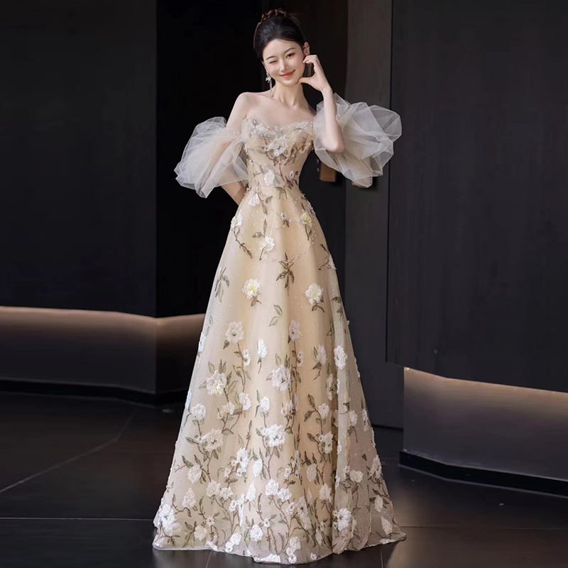 Večernja haljina bez ramena s cvjetnim uzorkom, A-linija, duga suknja, poliester, proljeće 2025