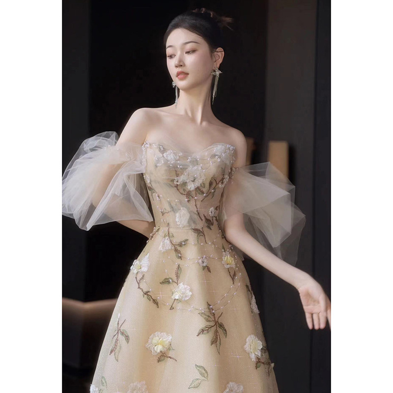 Večernja haljina bez ramena s cvjetnim uzorkom, A-linija, duga suknja, poliester, proljeće 2025