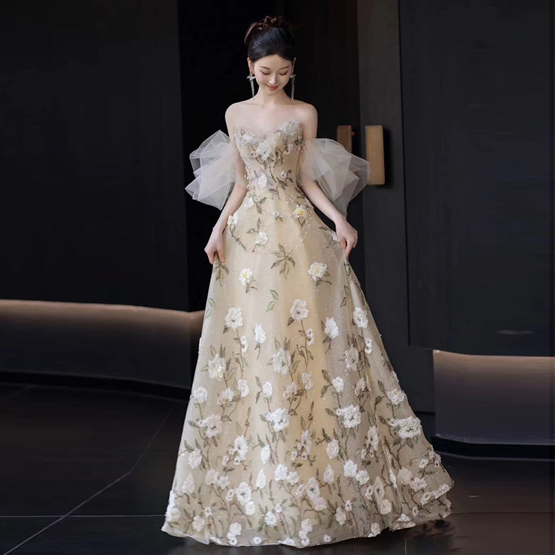 Večernja haljina bez ramena s cvjetnim uzorkom, A-linija, duga suknja, poliester, proljeće 2025