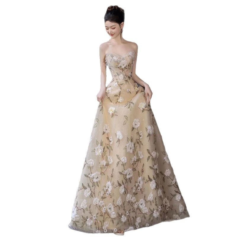 Večernja haljina bez ramena s cvjetnim uzorkom, A-linija, duga suknja, poliester, proljeće 2025