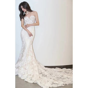 Čipkasta vjenčana haljina, mješavina spandexa i poliestera, izrez na jedno rame, silueta riblje rep, 3/4 rukavi