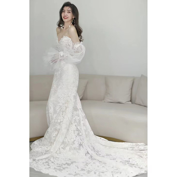 Čipkasta vjenčana haljina, mješavina spandexa i poliestera, izrez na jedno rame, silueta riblje rep, 3/4 rukavi