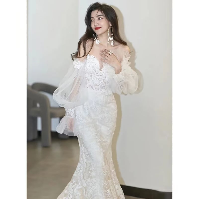 Čipkasta vjenčana haljina, mješavina spandexa i poliestera, izrez na jedno rame, silueta riblje rep, 3/4 rukavi