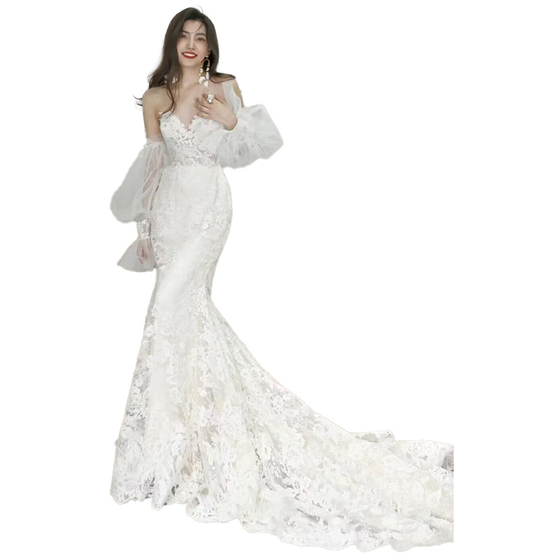 Čipkasta vjenčana haljina, mješavina spandexa i poliestera, izrez na jedno rame, silueta riblje rep, 3/4 rukavi