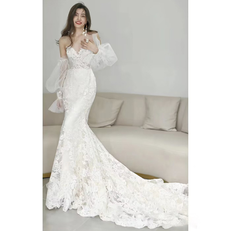 Čipkasta vjenčana haljina, mješavina spandexa i poliestera, izrez na jedno rame, silueta riblje rep, 3/4 rukavi