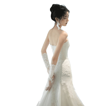 Vjenčana haljina bez naramenica, čipka, A-linije siluete, duga haljina, visok struk