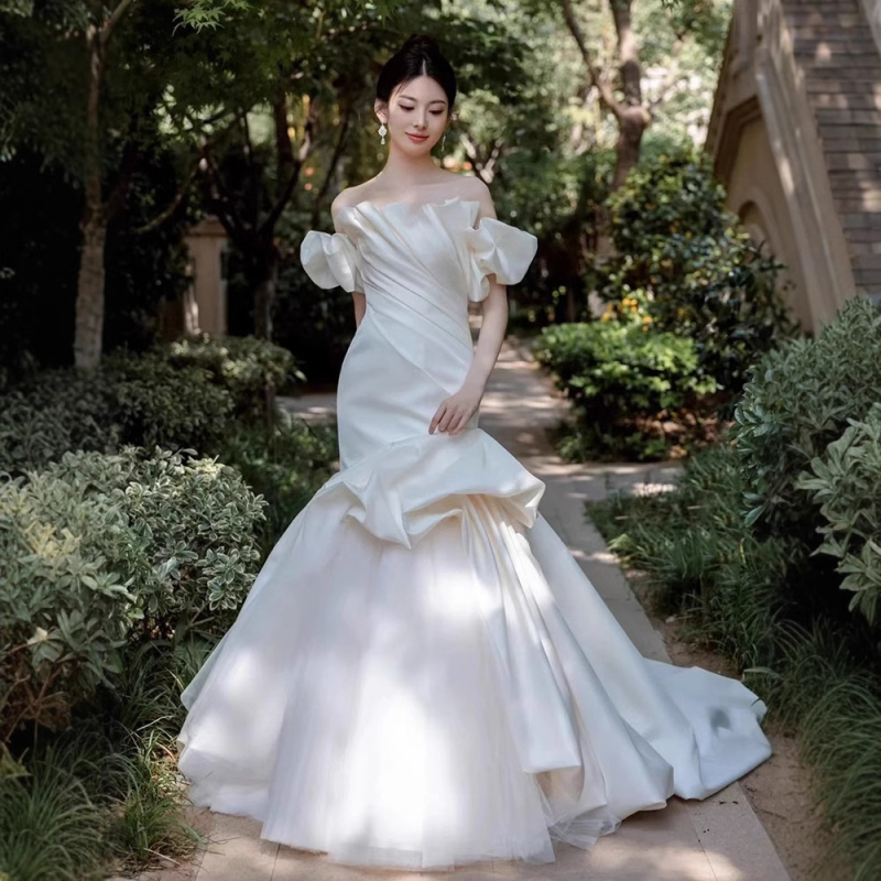 Vjenčana haljina s ribljim repom, visokim strukom, duga suknja, poliester