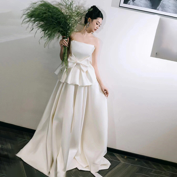 Vjenčana haljina bez naramenica, s mašnicom, A-linija, duga suknja, poliesterska smjesa 50–70%