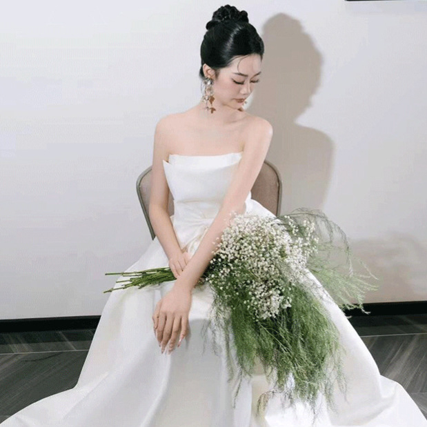 Vjenčana haljina bez naramenica, s mašnicom, A-linija, duga suknja, poliesterska smjesa 50–70%