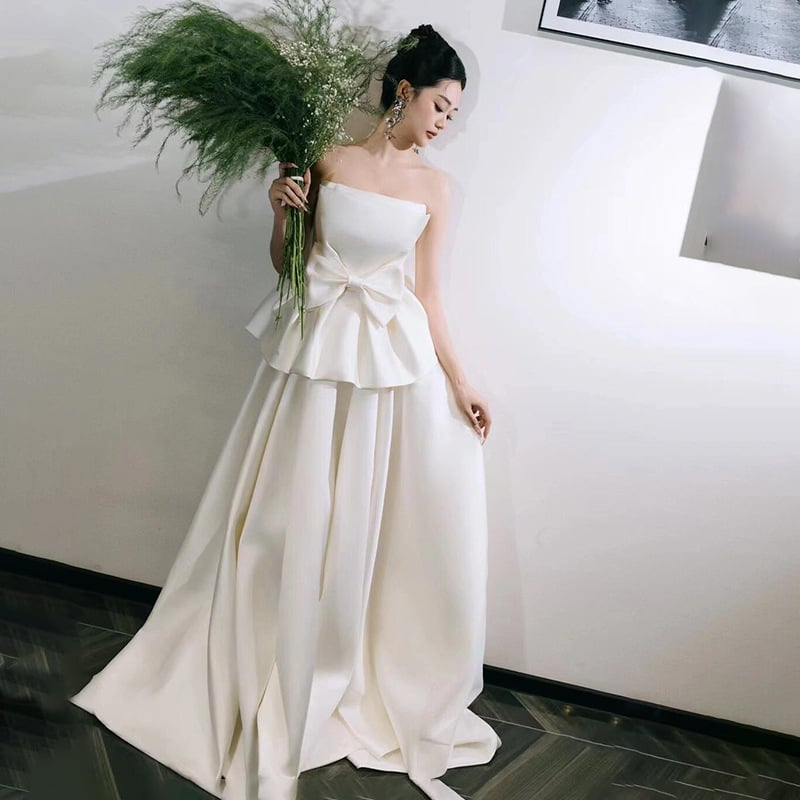 Vjenčana haljina bez naramenica, s mašnicom, A-linija, duga suknja, poliesterska smjesa 50–70%