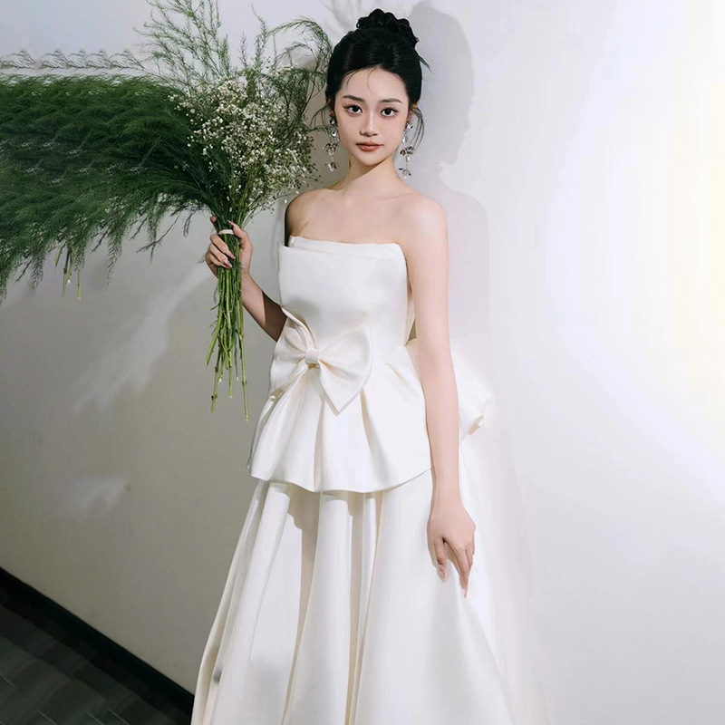 Vjenčana haljina bez naramenica, s mašnicom, A-linija, duga suknja, poliesterska smjesa 50–70%