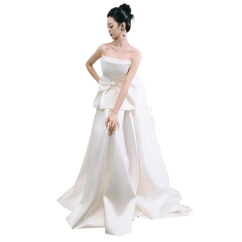 Vjenčana haljina bez naramenica, s mašnicom, A-linija, duga suknja, poliesterska smjesa 50–70%