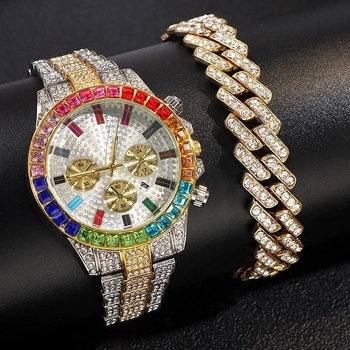 Ceas quartz cu calendar, accente de diamante colorate, carcasă și brățară din aliaj, decor cu trei cadrane