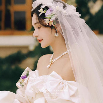 Vjenčana haljina u francuskom retro stilu za foto-studio, mrežasti materijal, duga tutu suknja, visoki struk, rukavi duljine 3/4