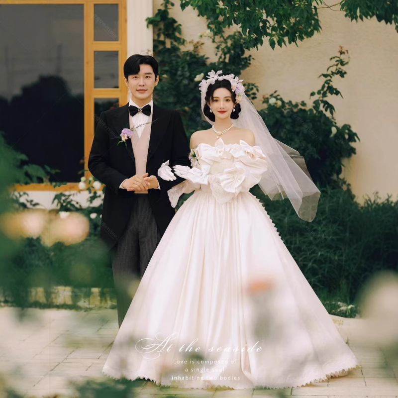 Vjenčana haljina u francuskom retro stilu za foto-studio, mrežasti materijal, duga tutu suknja, visoki struk, rukavi duljine 3/4