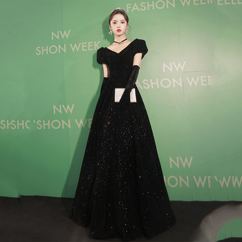 Večernja haljina s jednim ramenom, A-linije siluete, duga suknja, raglan rukavi, mrežasti materijal