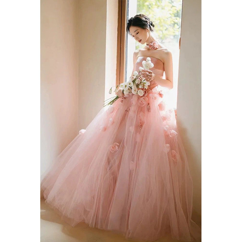 Rochie de mireasă cu top tubular, fără mâneci, talie înaltă, fustă lungă, poliester – Primăvara 2025