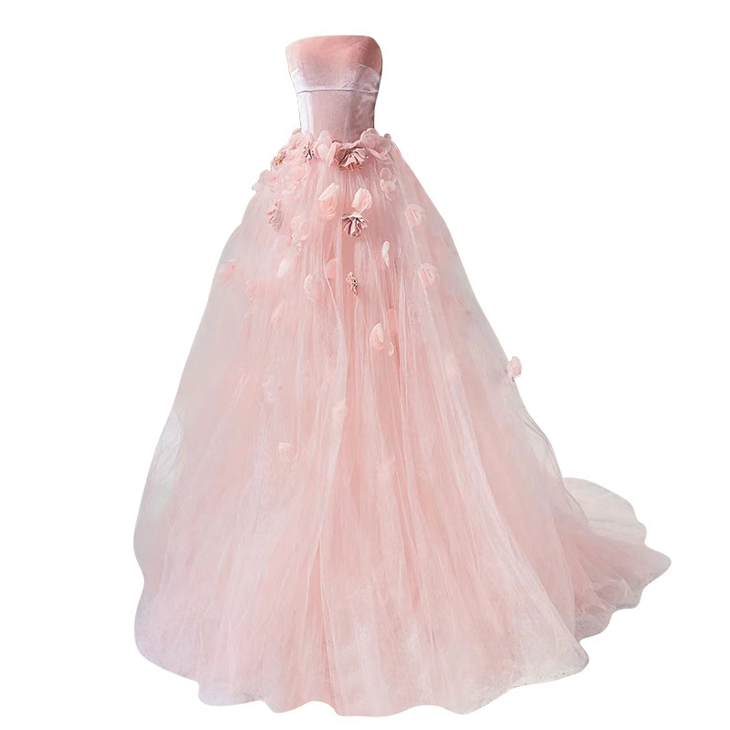 Rochie de mireasă cu top tubular, fără mâneci, talie înaltă, fustă lungă, poliester – Primăvara 2025