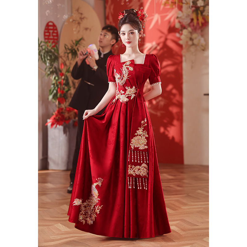 Vjenčana haljina s visokim strukom i princez stilom, rukavi 3/4, duga suknja, ljeto 2025, tkanina: Spandex (<30%), Poliester (30–50%)