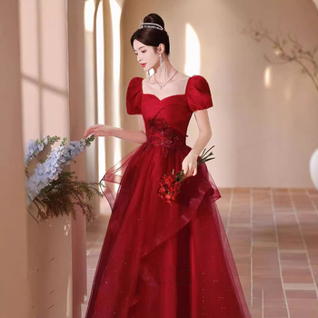 Vjenčana haljina s A-linijskim krojem, visokim strukom, 3/4 rukavima, duga suknja, poliester tkanina