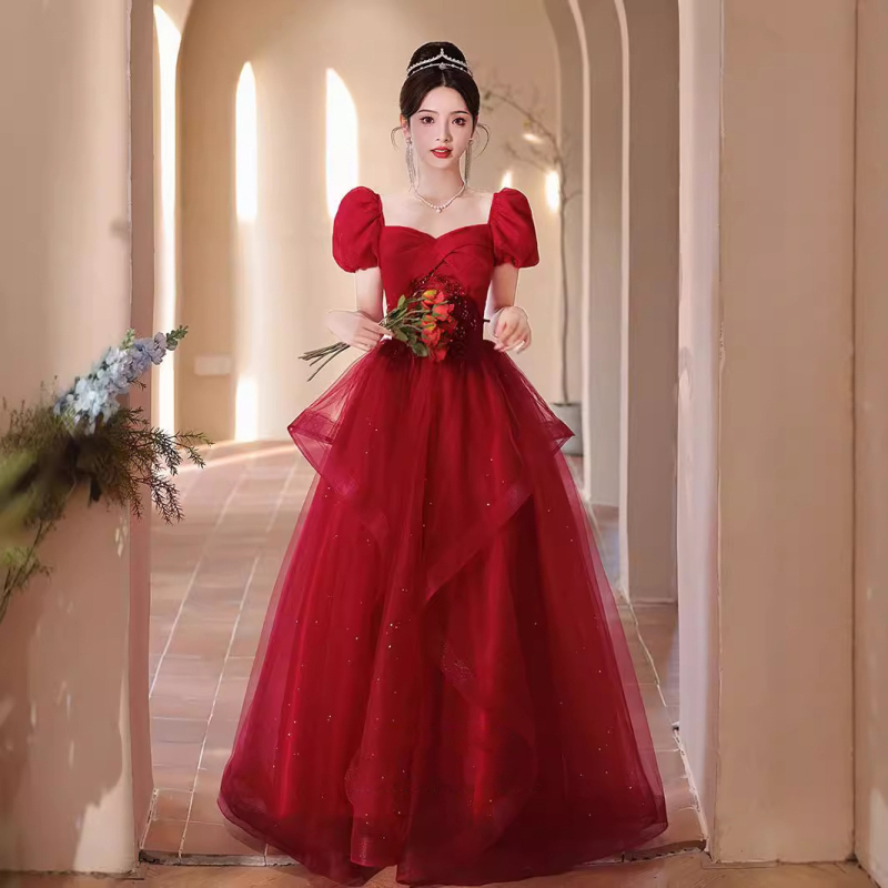 Vjenčana haljina s A-linijskim krojem, visokim strukom, 3/4 rukavima, duga suknja, poliester tkanina