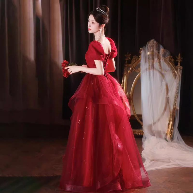 Vjenčana haljina s A-linijskim krojem, visokim strukom, 3/4 rukavima, duga suknja, poliester tkanina