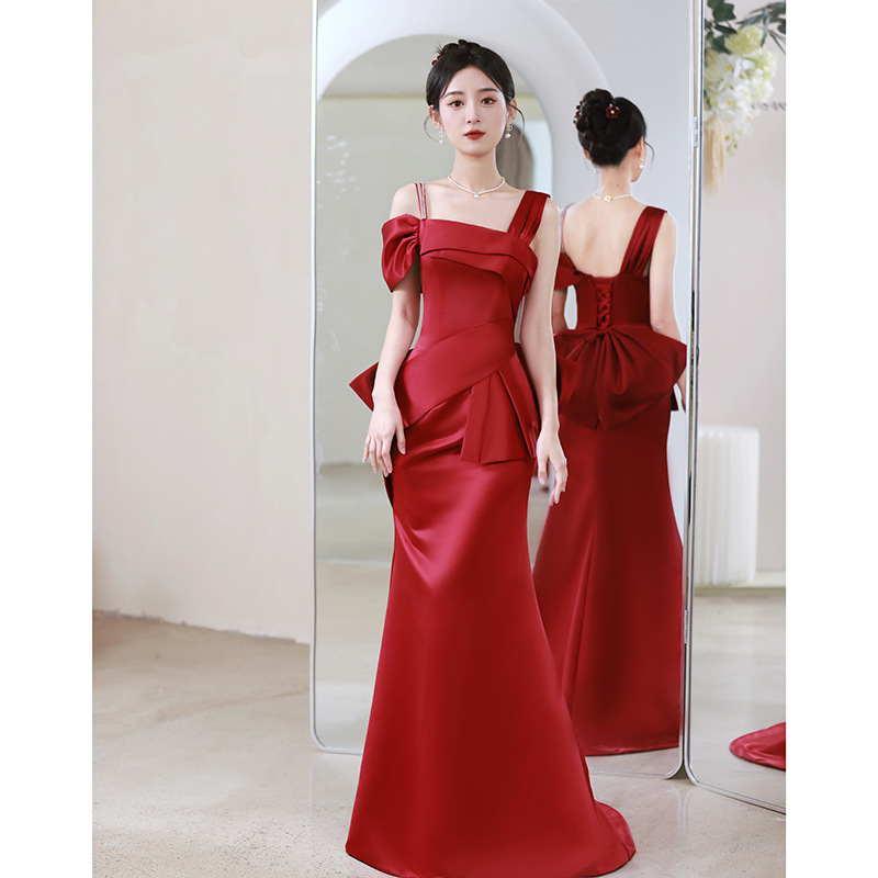 Saten vjenčana haljina s ribljim repom, bez rukava, visokim strukom, duga haljina