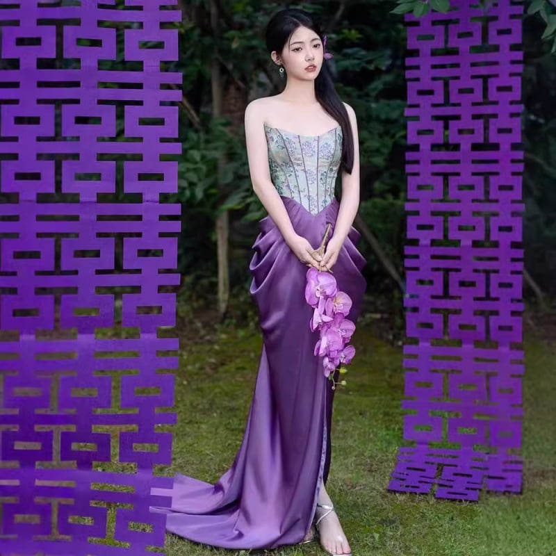 Vjenčana haljina s topom u stilu cijevi, bez rukava, visokim strukom, duga suknja, mala šlepica