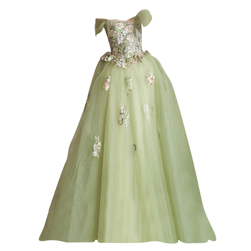 Večernja haljina s jednim ramenom, A-linija, bez rukava, duga suknja, organza s elastanom