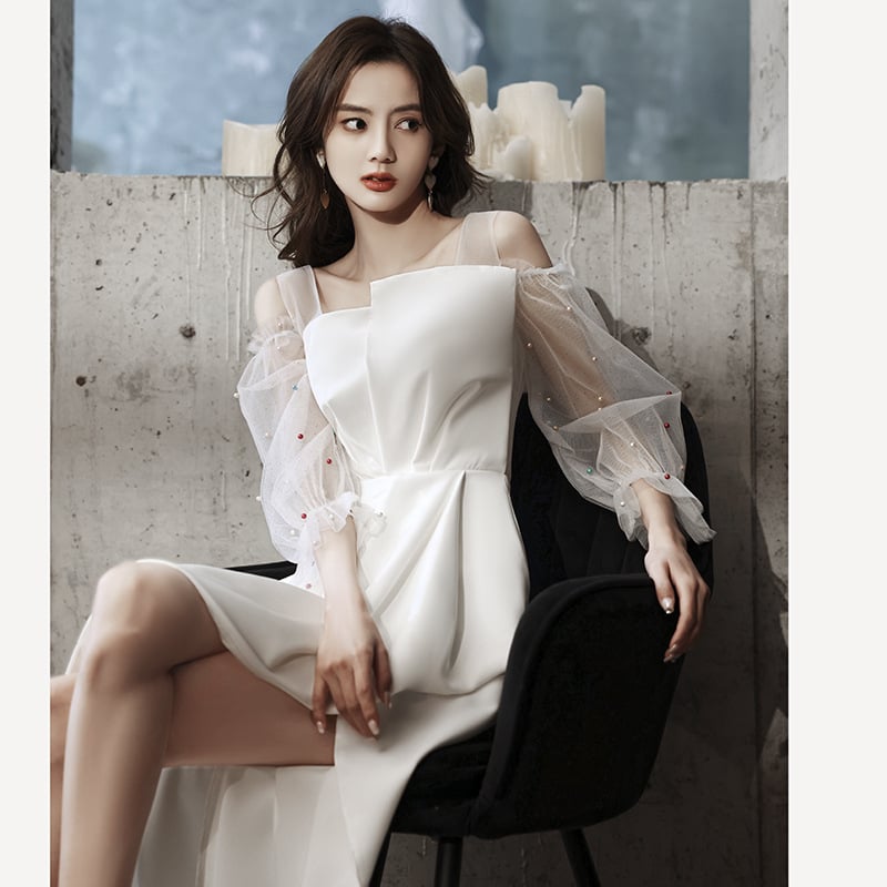 Večernja haljina za žene, A-linijski kroj, visok struk, dugi rukavi, duga suknja, poliester s 30-50% vlakana s klorom