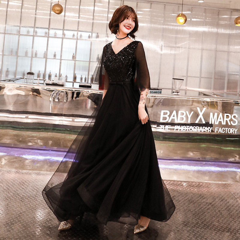 Večernja haljina za žene — duga haljina s dubokim V-izrezom, rukavi u stilu lotosovog lista, princeza silueta, glavni materijal poliester