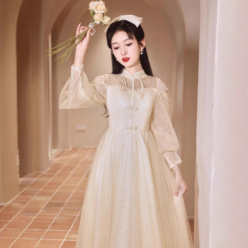 Večernja haljina Qipao za odrasle, stojeći ovratnik, dugi rukavi, duga suknja, visok struk, A-linija