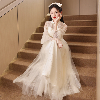 Večernja haljina Qipao za odrasle, stojeći ovratnik, dugi rukavi, duga suknja, visok struk, A-linija