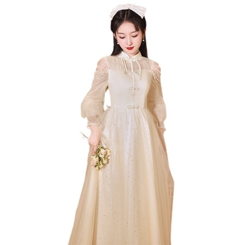 Večernja haljina Qipao za odrasle, stojeći ovratnik, dugi rukavi, duga suknja, visok struk, A-linija