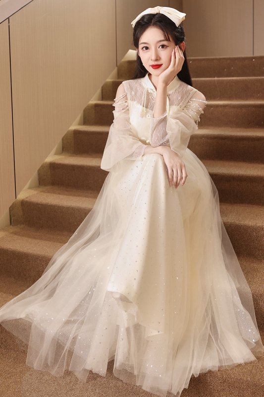 Večernja haljina Qipao za odrasle, stojeći ovratnik, dugi rukavi, duga suknja, visok struk, A-linija