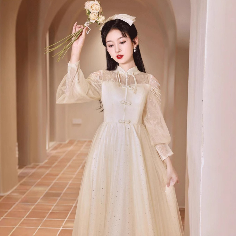 Večernja haljina Qipao za odrasle, stojeći ovratnik, dugi rukavi, duga suknja, visok struk, A-linija