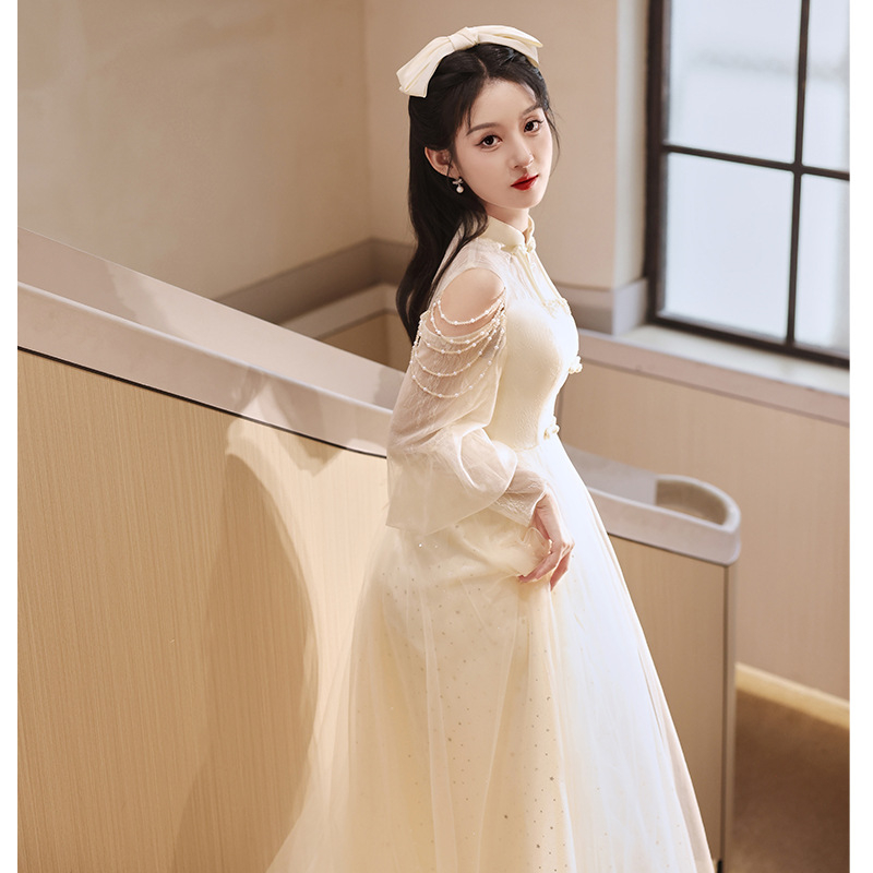 Večernja haljina Qipao za odrasle, stojeći ovratnik, dugi rukavi, duga suknja, visok struk, A-linija