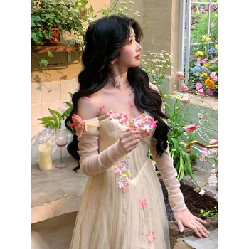 Френски стил вечерна рокля за чайна пауза - без презрамки, силует А-линиия, полиестерна тъкан, дълга рокля, зима 2024