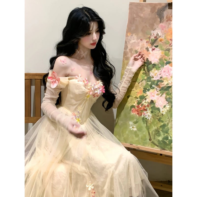 Френски стил вечерна рокля за чайна пауза - без презрамки, силует А-линиия, полиестерна тъкан, дълга рокля, зима 2024