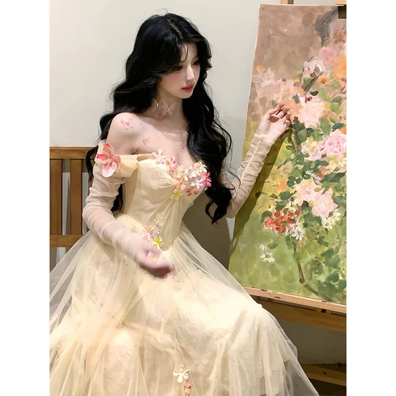 Френски стил вечерна рокля за чайна пауза - без презрамки, силует А-линиия, полиестерна тъкан, дълга рокля, зима 2024