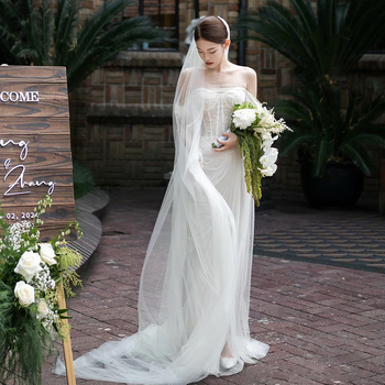 Rochie de mireasă fără bretele, cu mâneci lungi, siluetă sirenă cu coadă de pește, din plasă