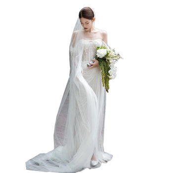 Rochie de mireasă fără bretele, cu mâneci lungi, siluetă sirenă cu coadă de pește, din plasă