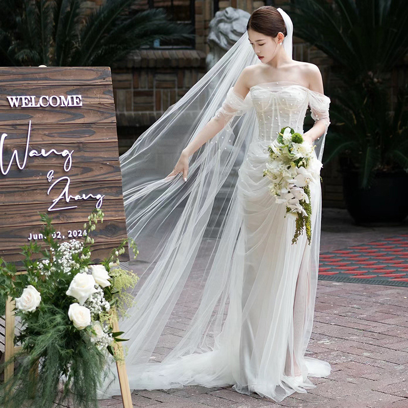 Rochie de mireasă fără bretele, cu mâneci lungi, siluetă sirenă cu coadă de pește, din plasă