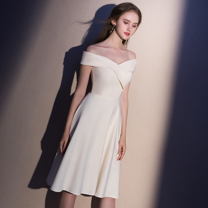 Večernja haljina, off-shoulder, A-linija, midi duljina, visoki struk, poliester-nylon smjesa