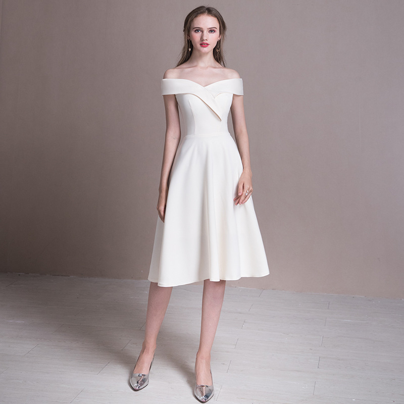 Večernja haljina, off-shoulder, A-linija, midi duljina, visoki struk, poliester-nylon smjesa