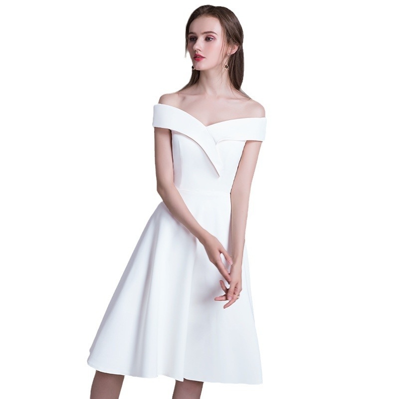 Večernja haljina, off-shoulder, A-linija, midi duljina, visoki struk, poliester-nylon smjesa