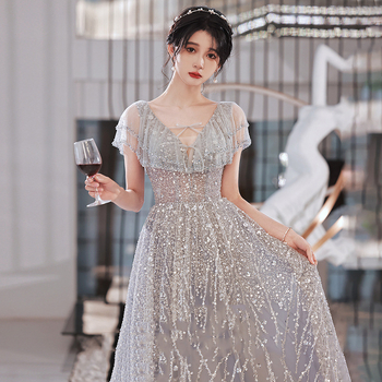 Rochie de seară în linie A, decolteu în V profund, mâneci 3/4, lungă, poliester