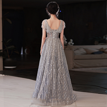 Rochie de seară în linie A, decolteu în V profund, mâneci 3/4, lungă, poliester